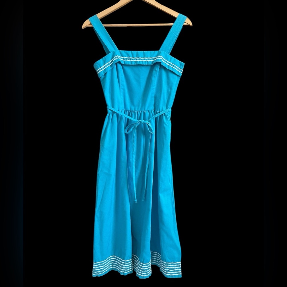 Vintage Lanz Originals Blue Rickrack Trim Midi Sundress Waist Tie Cottagecore